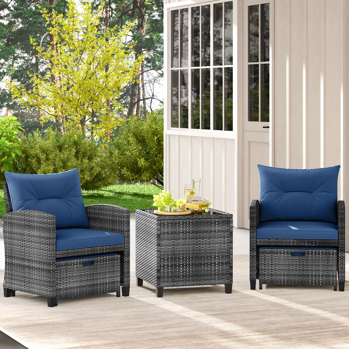 5 Piece Patio Rattan Furniture with 2 Ottomans and Tempered Glass Coffee Table