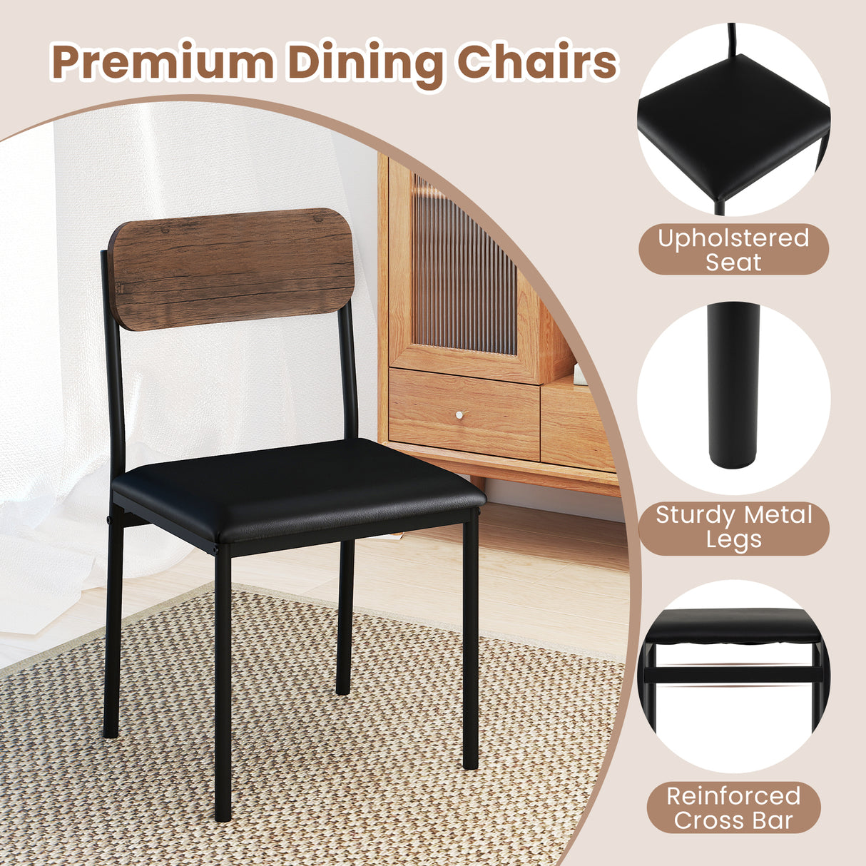 5-Piece Round Kitchen Table Set with Drop Leaf Tabletop and 4 Upholstered Dining Chairs-Brown