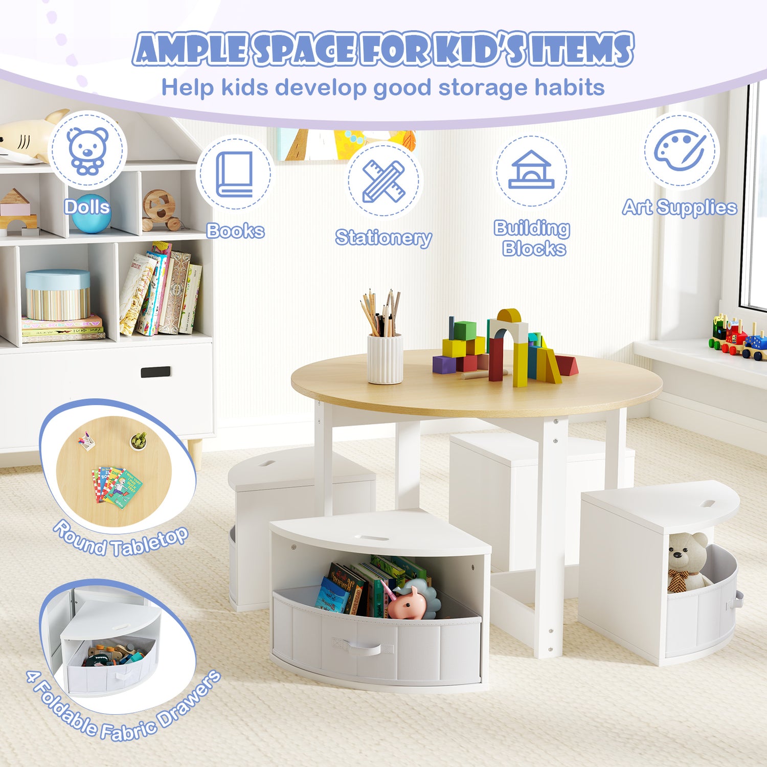 5 Piece Toddler Round Nesting Table with 4 Storage Stools for Activity