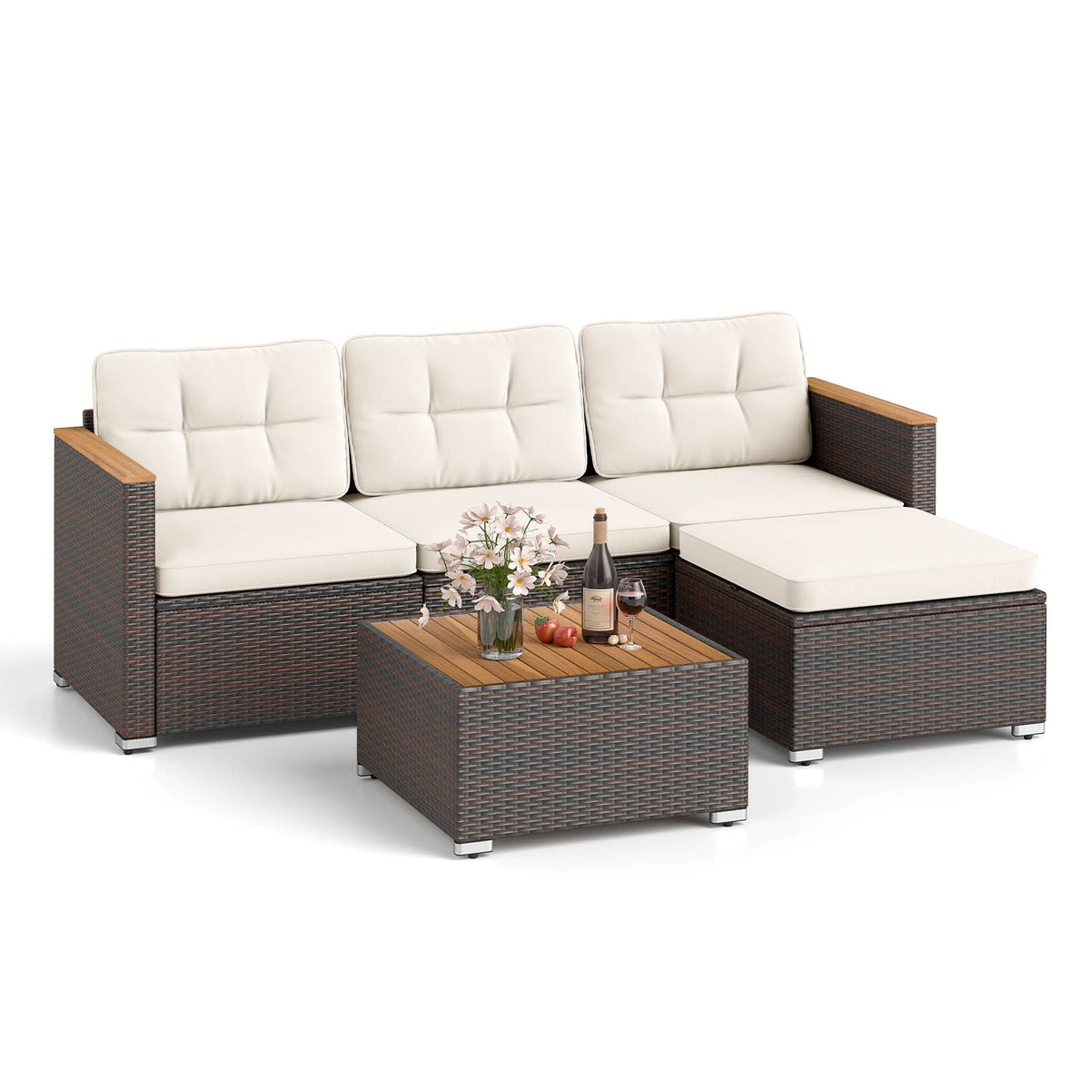 5-Piece Wicker Conversation Set Rattan Set with Cushions and Coffee Table-White