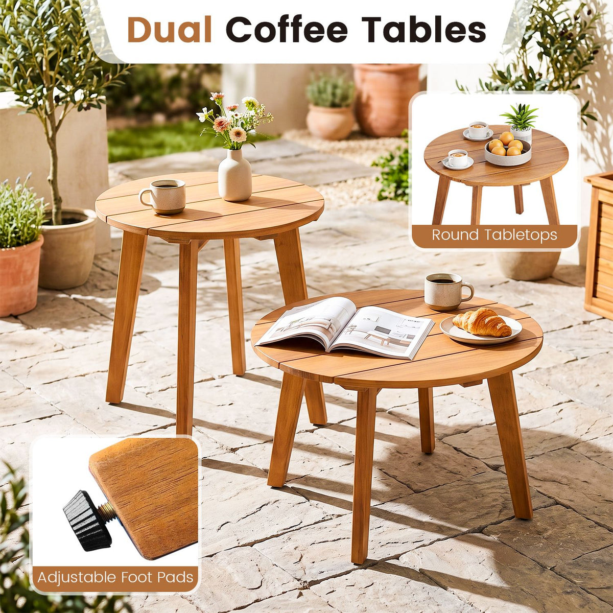 5 Pieces Acacia Wood Patio Furniture Sets with Solid Acacia Wood Frame-White