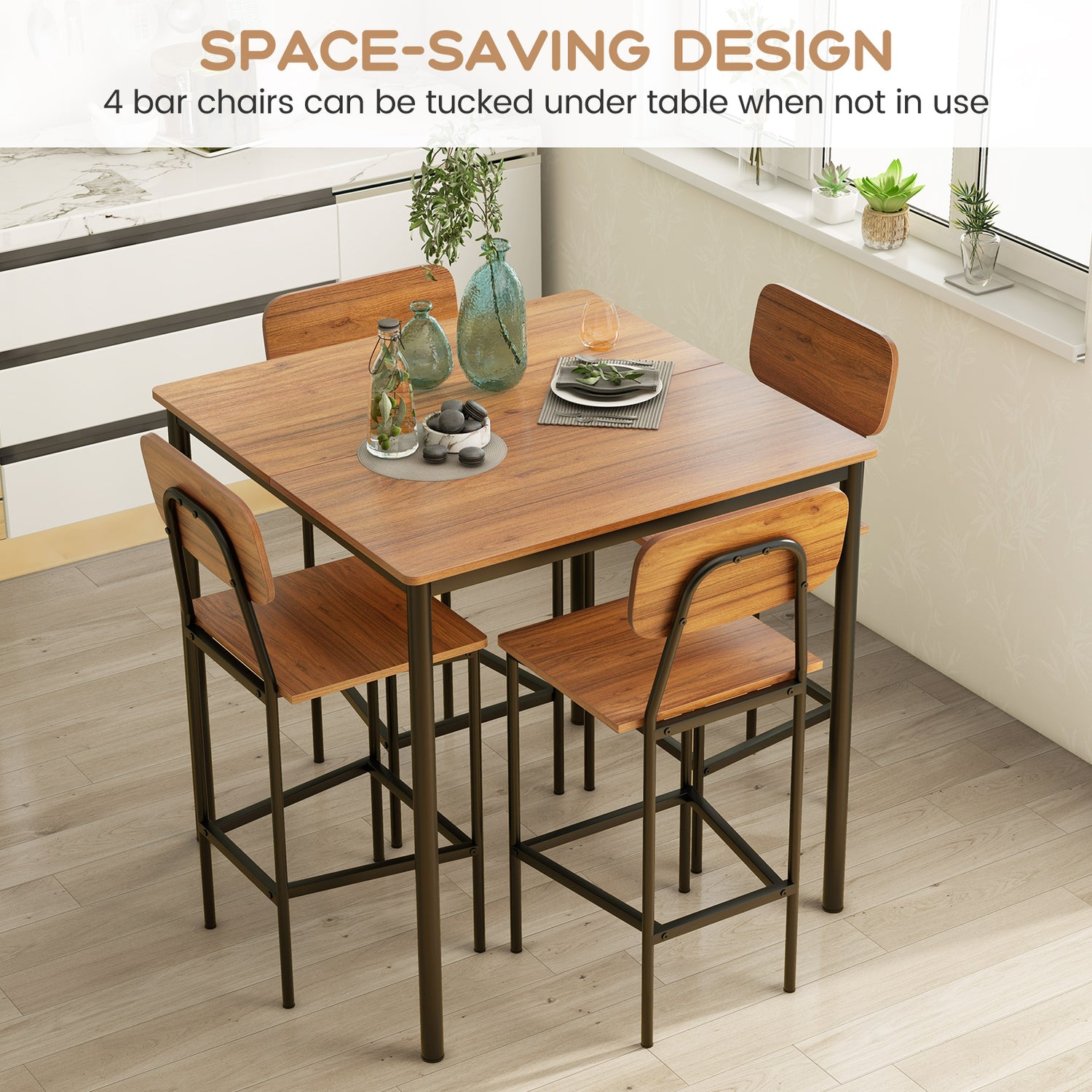 5-Piece Industrial Dining Table Set with Counter Height Table and 4 Bar Stools