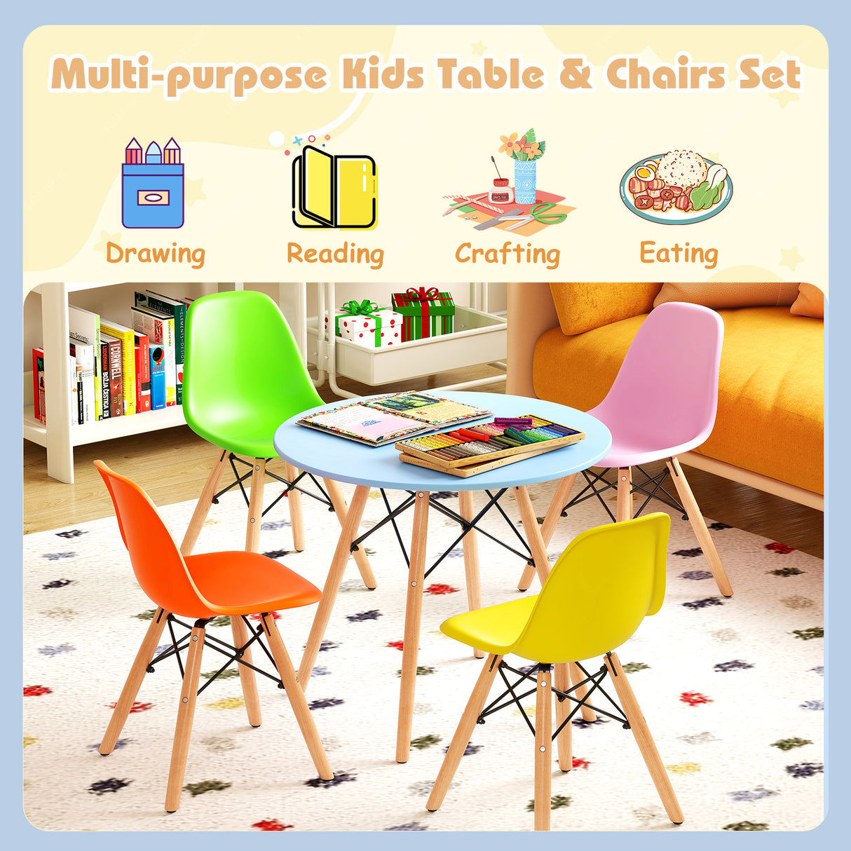 5 Pieces Kids Mid-Century Modern Table Chairs Set