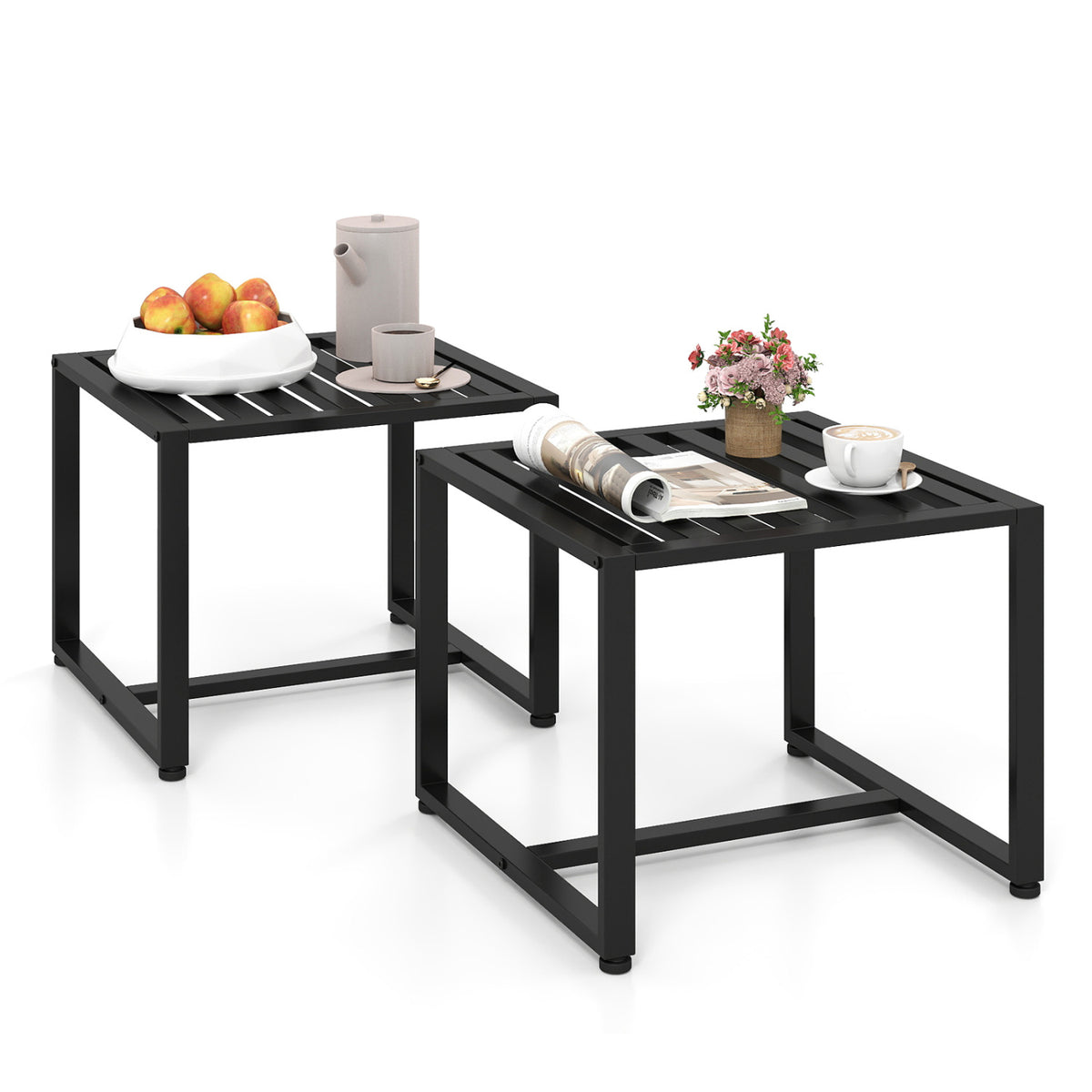 Set of 2 Metal End Tables with Slatted Tabletop-Black