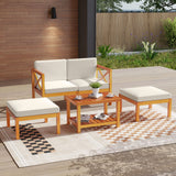 5 Pieces Acacia Wood Patio Lounge Chair Set with Ottomans and Cushions-White