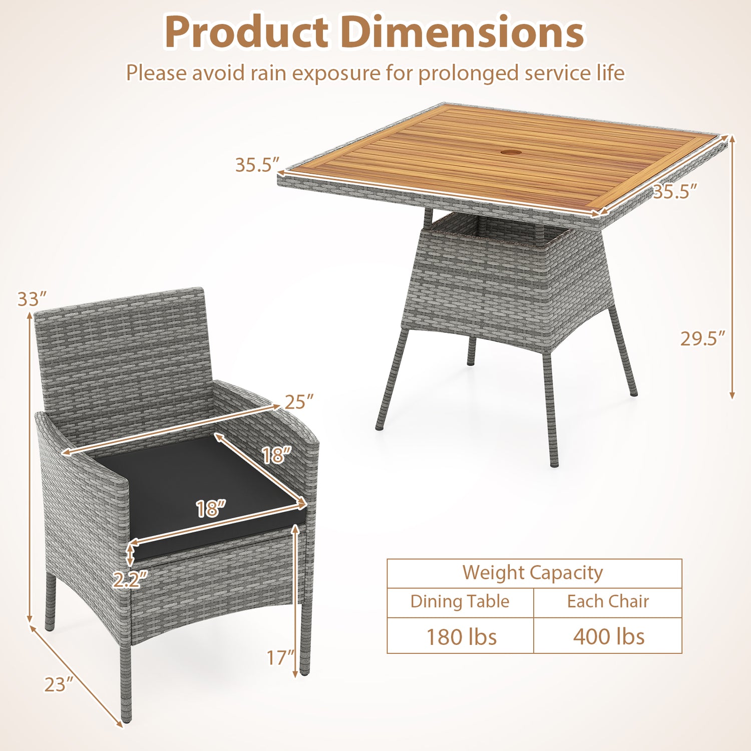 5 Pieces PE Wicker Patio Dining Set Outdoor Acacia Wood Table and Chairs-Black