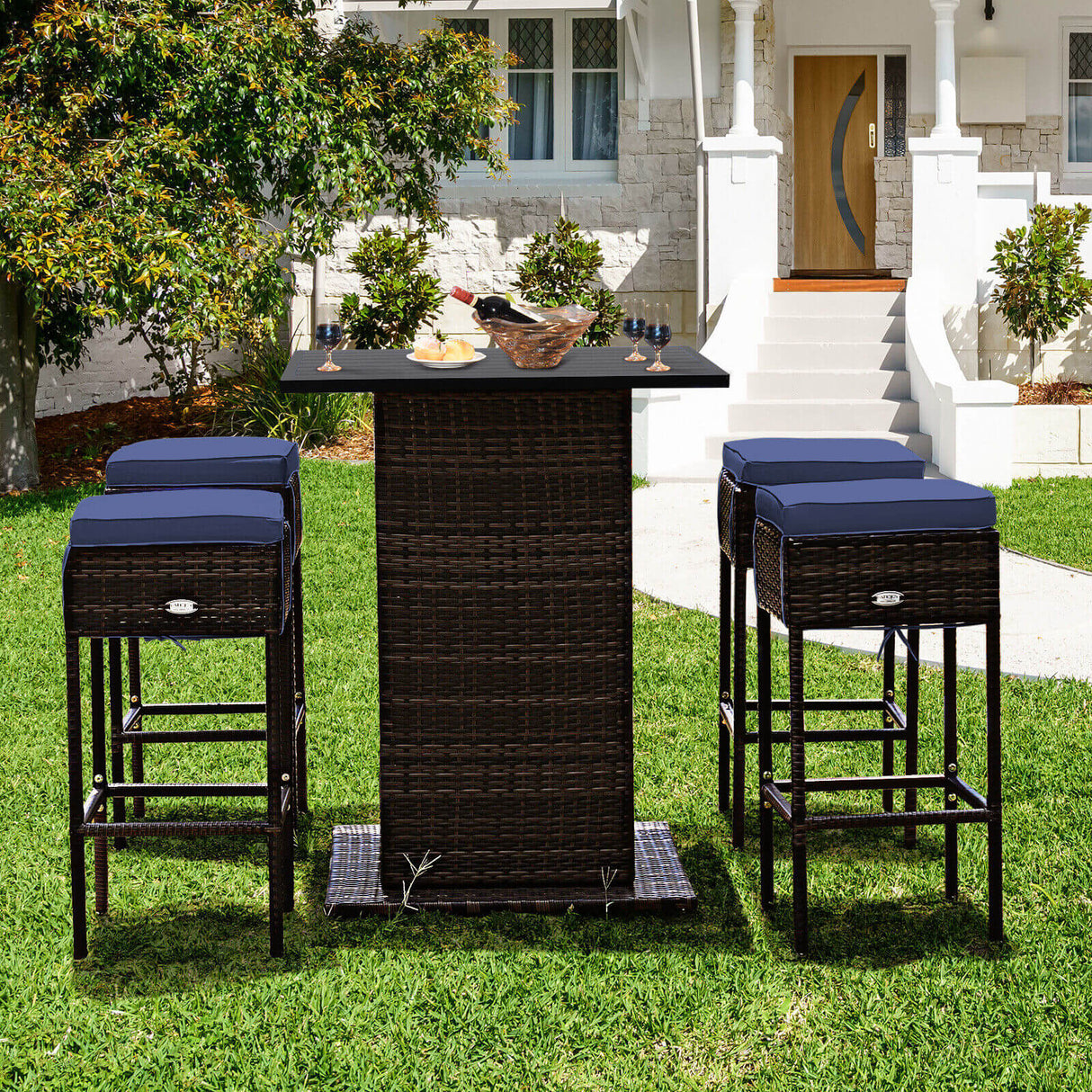 5 Pieces Patio Rattan Bar Table Stool Set Hidden Storage Shelf Cushioned