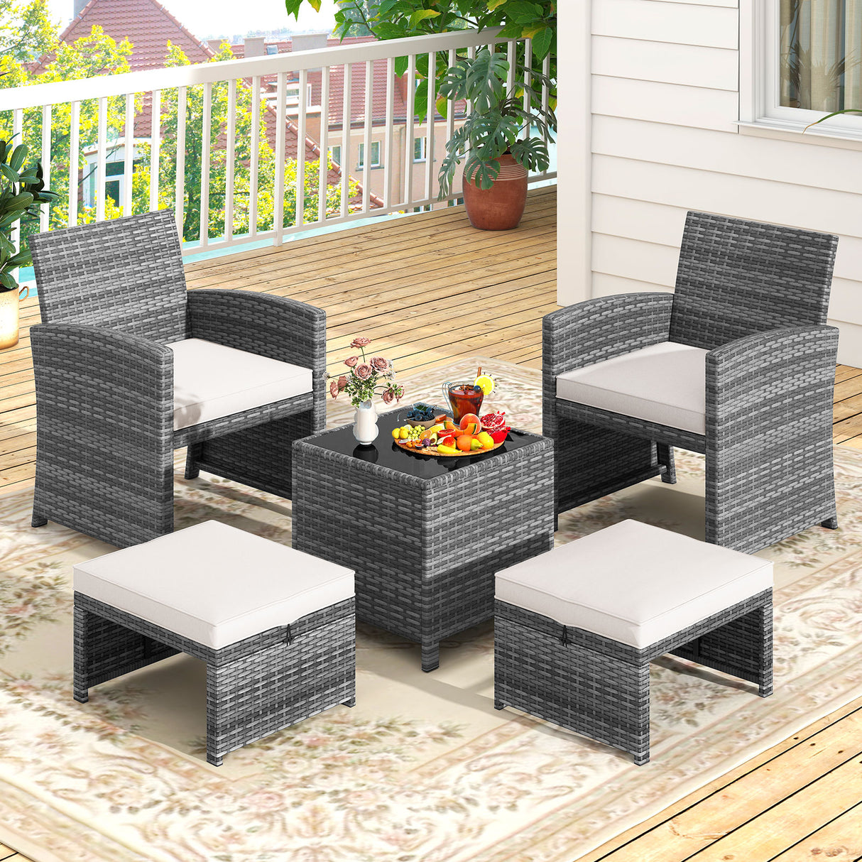 5 Pieces Patio Furniture Set PE Wicker Outdoor Lounge Chairs with 2 Ottomans