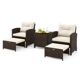 5 Pieces Patio Rattan Furniture with 2 Ottomans and Tempered Glass Coffee Table