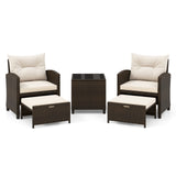 5 Pieces Patio Rattan Furniture with 2 Ottomans and Tempered Glass Coffee Table