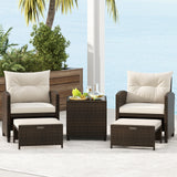 5 Pieces Patio Rattan Furniture with 2 Ottomans and Tempered Glass Coffee Table