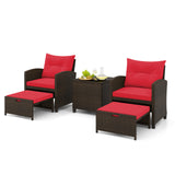 5 Pieces Patio Rattan Furniture with 2 Ottomans and Tempered Glass Coffee Table
