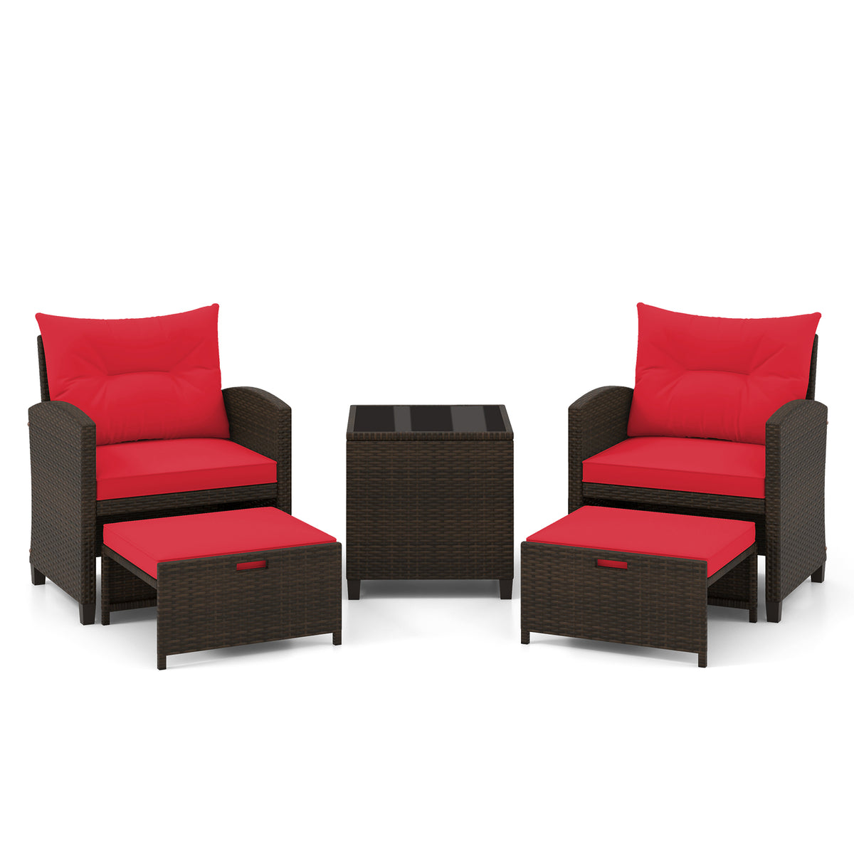 5 Pieces Patio Rattan Furniture with 2 Ottomans and Tempered Glass Coffee Table