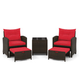 5 Pieces Patio Rattan Furniture with 2 Ottomans and Tempered Glass Coffee Table