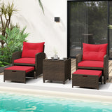 5 Pieces Patio Rattan Furniture with 2 Ottomans and Tempered Glass Coffee Table