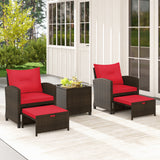 5 Pieces Patio Rattan Furniture with 2 Ottomans and Tempered Glass Coffee Table