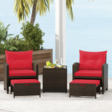 5 Pieces Patio Rattan Furniture with 2 Ottomans and Tempered Glass Coffee Table