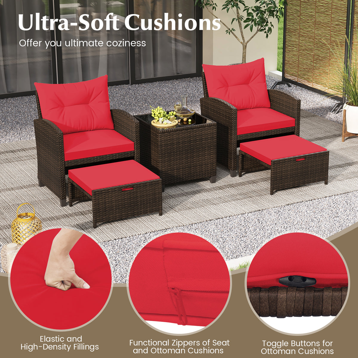 5 Pieces Patio Rattan Furniture with 2 Ottomans and Tempered Glass Coffee Table