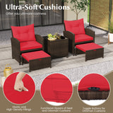 5 Pieces Patio Rattan Furniture with 2 Ottomans and Tempered Glass Coffee Table