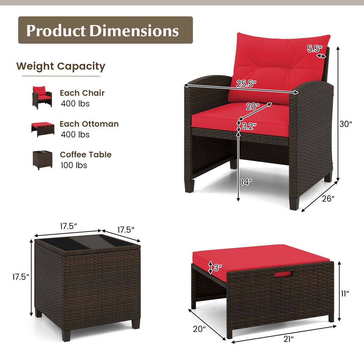 5 Pieces Patio Rattan Furniture with 2 Ottomans and Tempered Glass Coffee Table