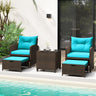 5 Pieces Patio Rattan Furniture with 2 Ottomans and Tempered Glass Coffee Table
