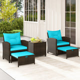 5 Pieces Patio Rattan Furniture with 2 Ottomans and Tempered Glass Coffee Table
