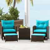 5 Pieces Patio Rattan Furniture with 2 Ottomans and Tempered Glass Coffee Table