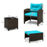 5 Pieces Patio Rattan Furniture with 2 Ottomans and Tempered Glass Coffee Table