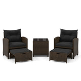 5 Pieces Patio Rattan Furniture with 2 Ottomans and Tempered Glass Coffee Table