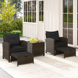5 Pieces Patio Rattan Furniture with 2 Ottomans and Tempered Glass Coffee Table