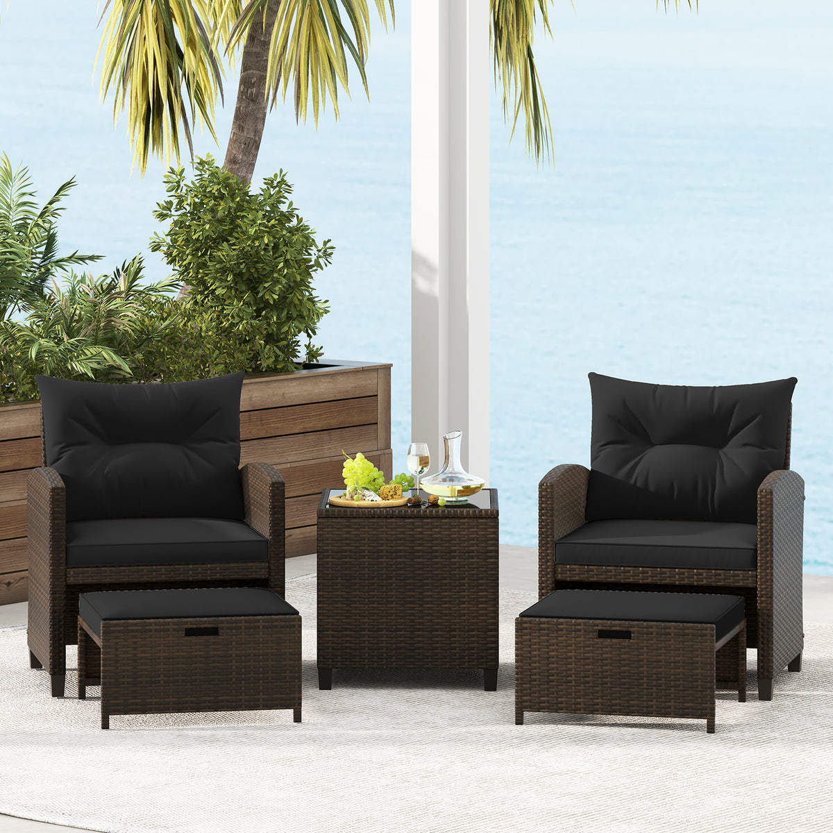 5 Pieces Patio Rattan Furniture with 2 Ottomans and Tempered Glass Coffee Table