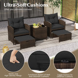 5 Pieces Patio Rattan Furniture with 2 Ottomans and Tempered Glass Coffee Table