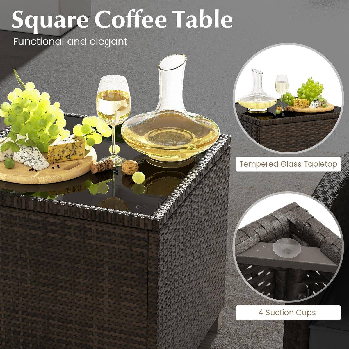 5 Pieces Patio Rattan Furniture with 2 Ottomans and Tempered Glass Coffee Table