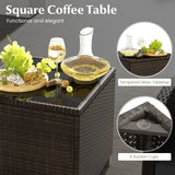 5 Pieces Patio Rattan Furniture with 2 Ottomans and Tempered Glass Coffee Table