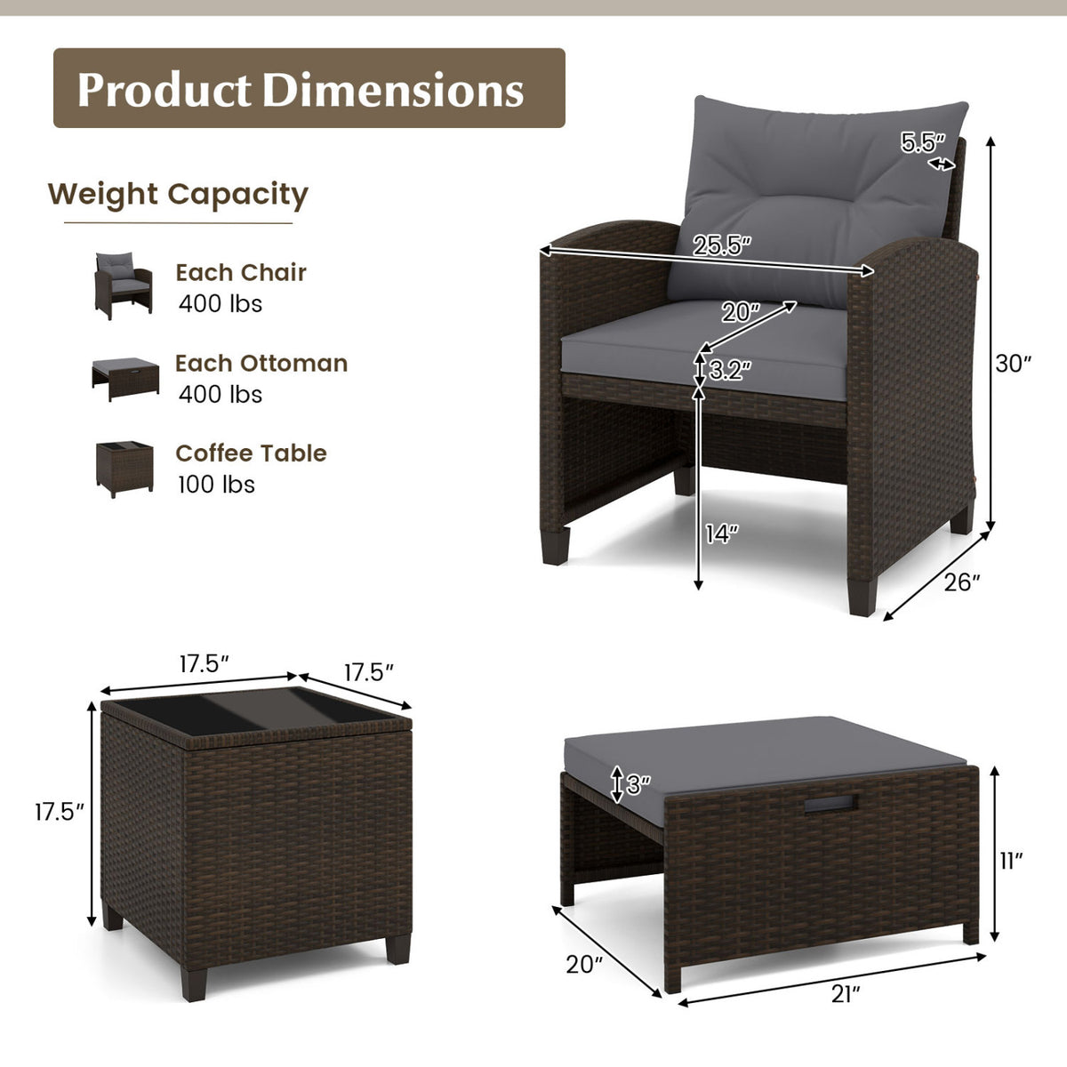 5 Pieces Patio Rattan Furniture with 2 Ottomans and Tempered Glass Coffee Table