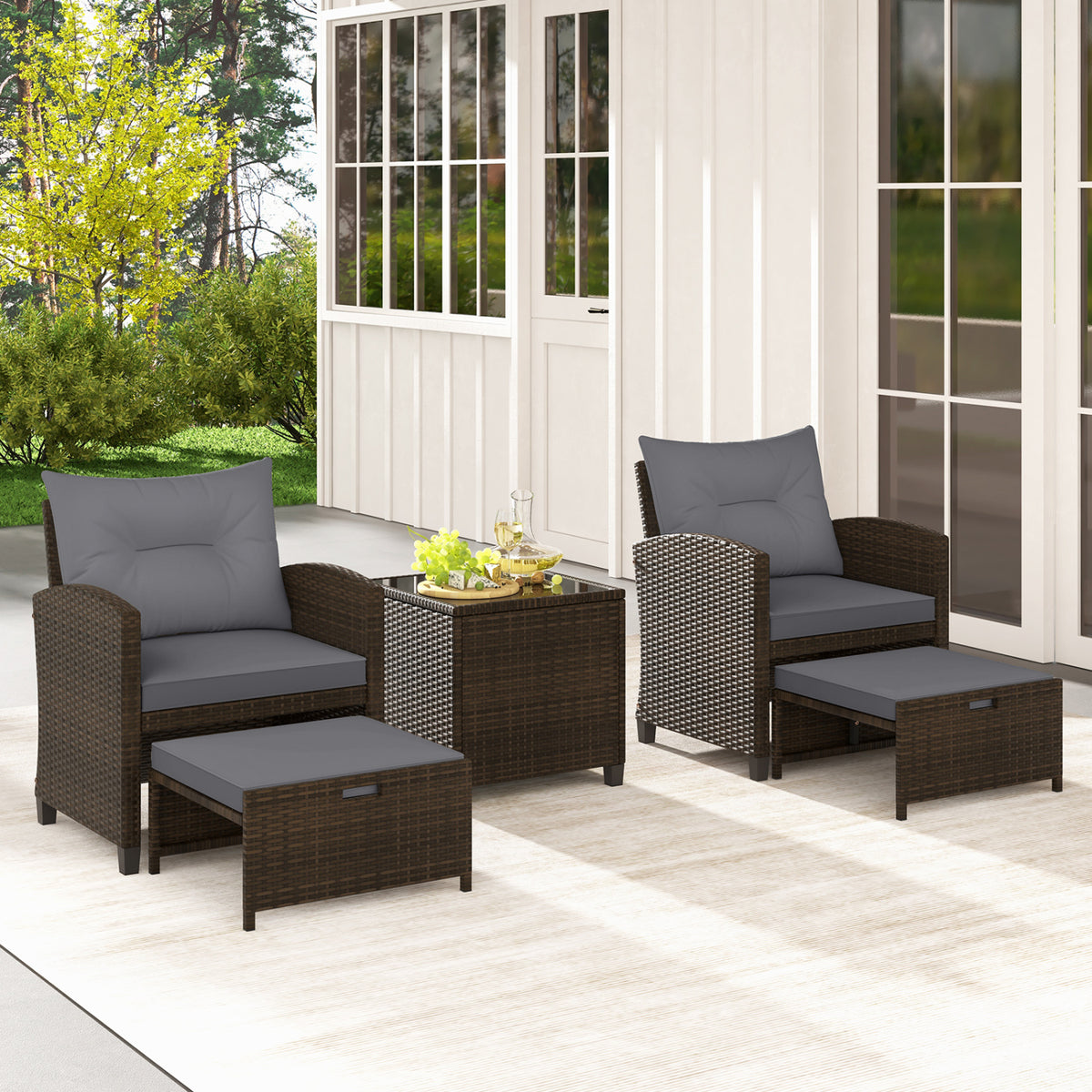5 Pieces Patio Rattan Furniture with 2 Ottomans and Tempered Glass Coffee Table