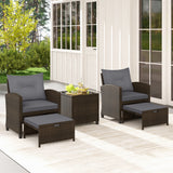 5 Pieces Patio Rattan Furniture with 2 Ottomans and Tempered Glass Coffee Table
