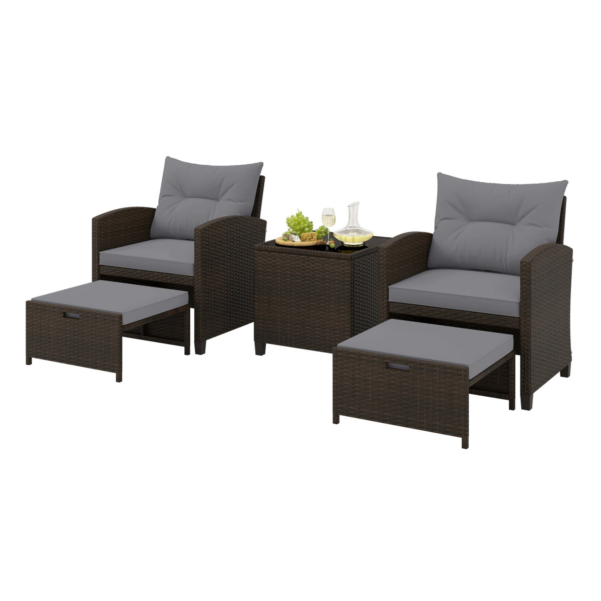 5 Pieces Patio Rattan Furniture with 2 Ottomans and Tempered Glass Coffee Table