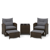 5 Pieces Patio Rattan Furniture with 2 Ottomans and Tempered Glass Coffee Table