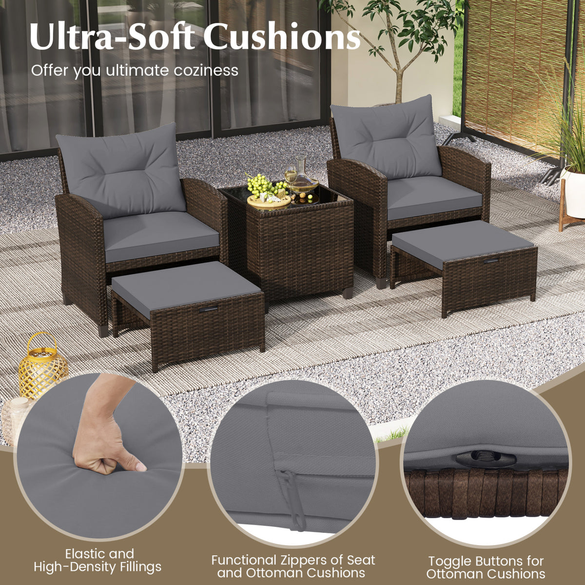 5 Pieces Patio Rattan Furniture with 2 Ottomans and Tempered Glass Coffee Table