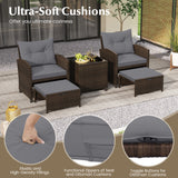 5 Pieces Patio Rattan Furniture with 2 Ottomans and Tempered Glass Coffee Table