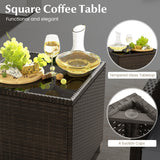 5 Pieces Patio Rattan Furniture with 2 Ottomans and Tempered Glass Coffee Table