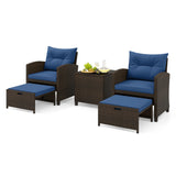 5 Pieces Patio Rattan Furniture with 2 Ottomans and Tempered Glass Coffee Table