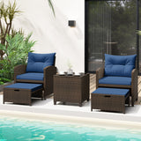 5 Pieces Patio Rattan Furniture with 2 Ottomans and Tempered Glass Coffee Table
