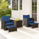 5 Pieces Patio Rattan Furniture with 2 Ottomans and Tempered Glass Coffee Table