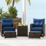 5 Pieces Patio Rattan Furniture with 2 Ottomans and Tempered Glass Coffee Table