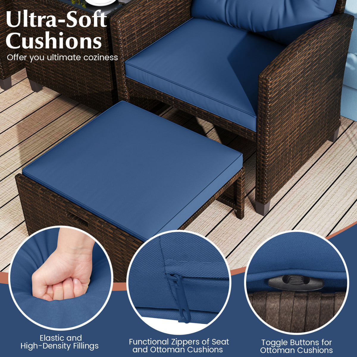 5 Pieces Patio Rattan Furniture with 2 Ottomans and Tempered Glass Coffee Table