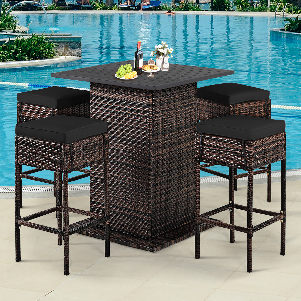5 Pieces Patio Rattan Bar Table Stool Set Hidden Storage Shelf Cushioned