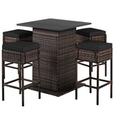 5 Pieces Patio Rattan Bar Table Stool Set Hidden Storage Shelf Cushioned
