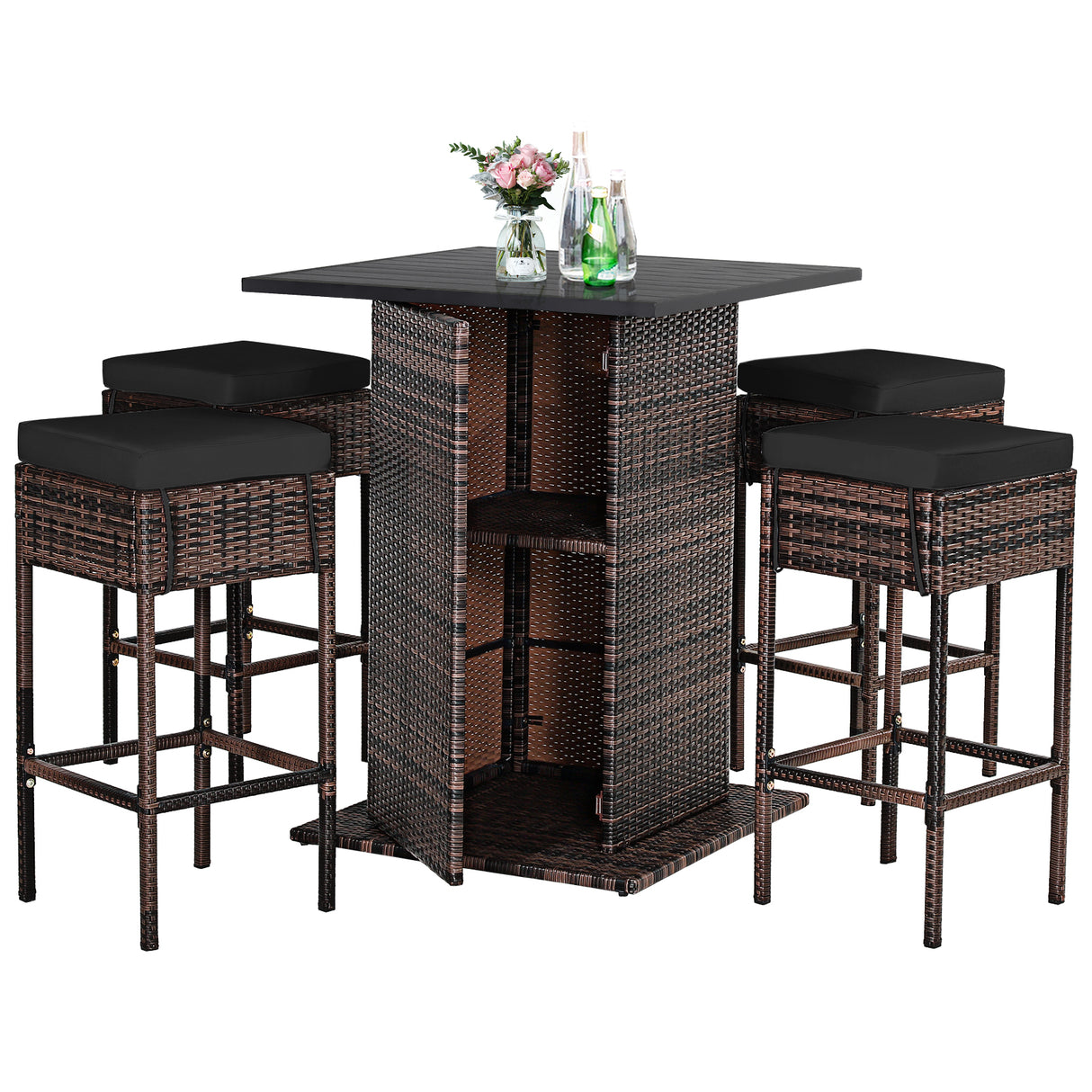 5 Pieces Patio Rattan Bar Table Stool Set Hidden Storage Shelf Cushioned